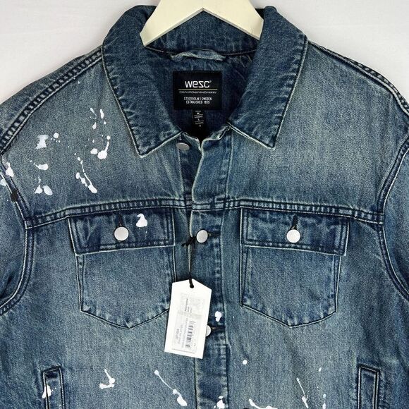 Men WeSC Classic Casual Jacket White Paint Splatter Blue Denim MSRP $220 - Picture 11 of 15